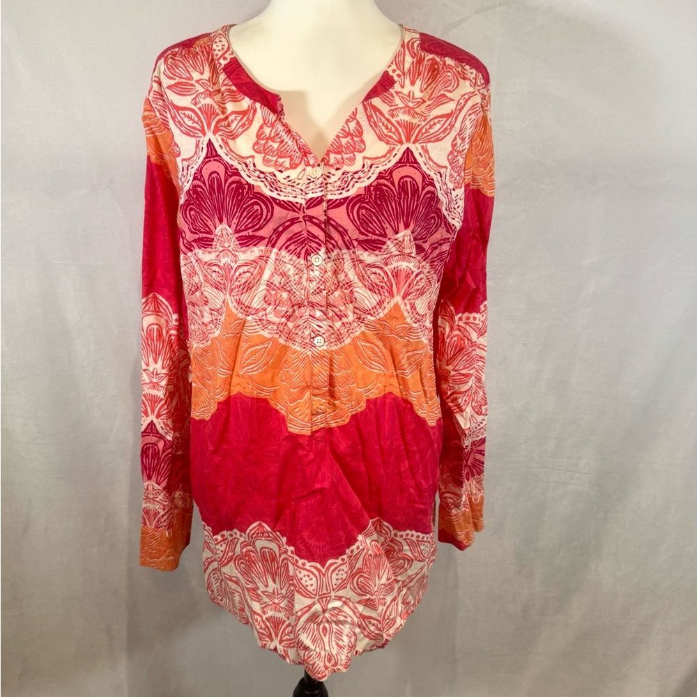 Lands End long sleeve pink and orange cotton popover top size 16